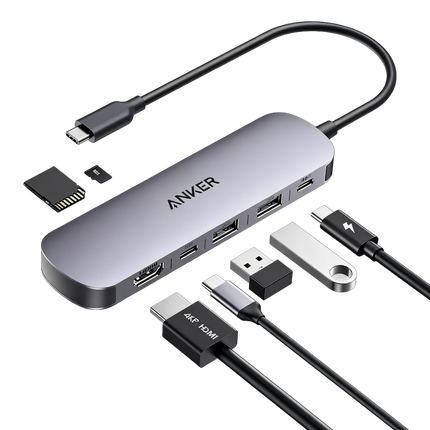 محول أنكر (Anker) فئة 555 المكون من 7 منافذ USB-C (إصدار 7 في 1) - دعم دقة 4K وقارئ بطاقات ذاكرة