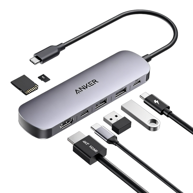 محول أنكر (Anker) فئة 555 المكون من 7 منافذ USB-C (إصدار 7 في 1) - دعم دقة 4K وقارئ بطاقات ذاكرة