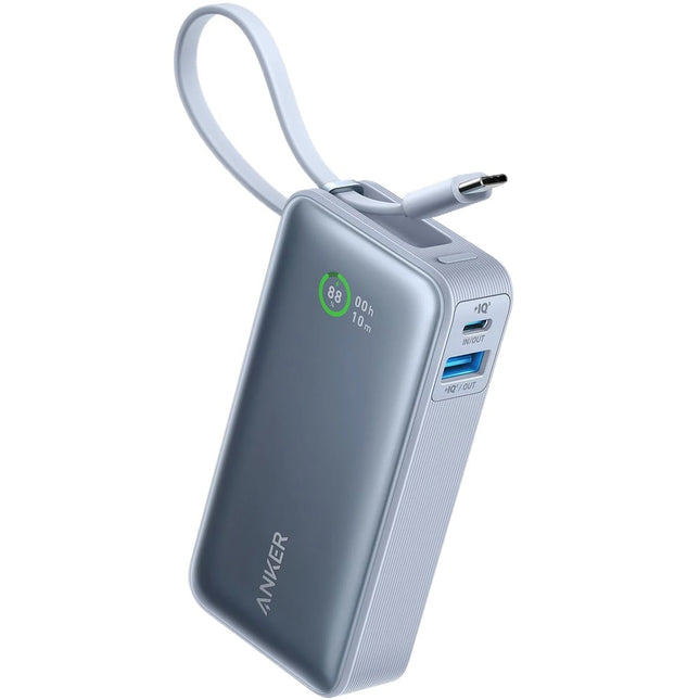 بنك طاقة انكر نانو (Anker Nano Power Bank) بقوة 30 واط - سعة 10,000 مللي أمبير - كابل USB-C مدمج - شحن سريع ثنائي الاتجاه - شاشة رقمية ذكية - تصميم مدمج للسفر