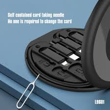 Lenyes 6-in-1 Multifunction Data Cable Storage Box - 60W PD Fast Charging - Type-C to Type-C Cable with Multiple Adapters - Built-in Phone Stand - SIM Card & Ejector Pin Slots - Black