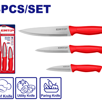 EMTOP EMKK1K31 3-Piece Stainless Steel Kitchen Knife Set

