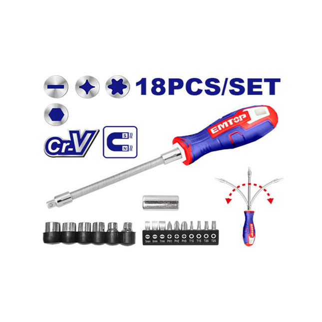 EMTOP ESSTFL1802 – 18 Pcs Flexible Shaft Screwdriver Set