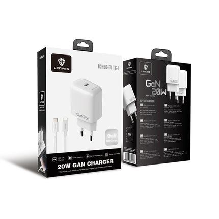 Lenyes LCH090 20W GaN Fast Charger Set - Type-C PD Power Delivery - Includes Type-C to Lightning Cable - Ultra Compact Design - White