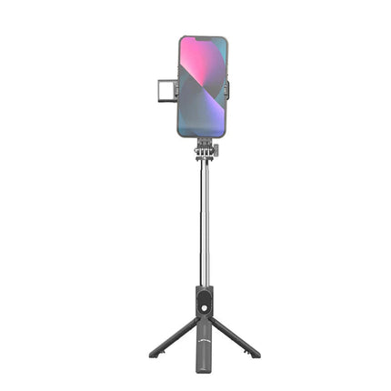 Lenyes LPH101 Tripod Selfie Stick with Integrated Ring Light - Bluetooth Remote Control - Adjustable Height - 3-Mode Dimmable Lighting - Foldable Design - Black