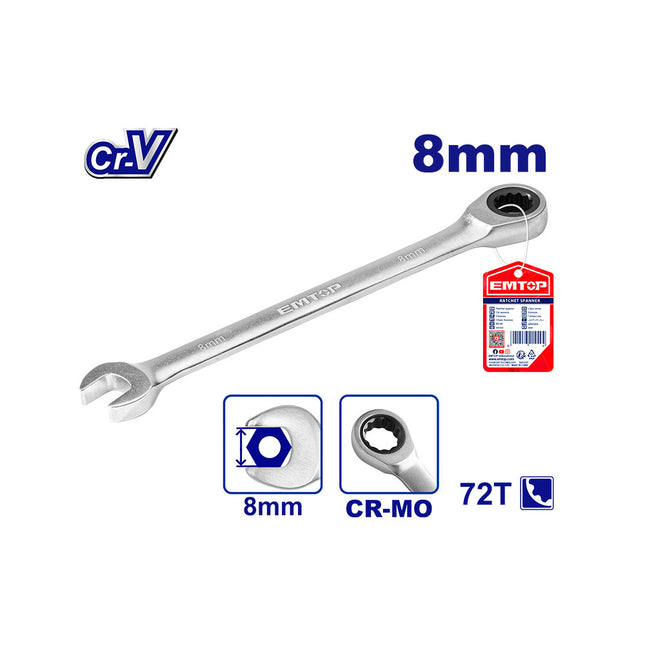 EMTOP ECSPAR081 8mm Ratcheting Combination Wrench