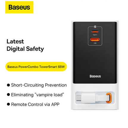Baseus PowerCombo Digital PowerStrip 65W Smart Version - 6-in-1 Charging Station - 2 AC Outlets - 2 USB-C Ports - 2 USB-A Ports - GaN5 Technology - Real-time Digital Display - 1.5m Power Cord - Advanced Safety Protection