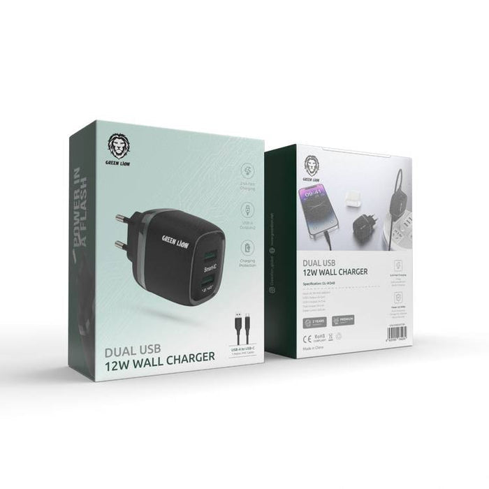 شاحن جداري جرين ليون (Green Lion) بمنفذين USB وقوة 12 واط مع كابل USB-C بطول 1 متر - أسود شاحن جداري جرين ليون (Green Lion) بمنفذين USB وقوة 12 واط مع كابل USB-C بطول 1 متر - أسود