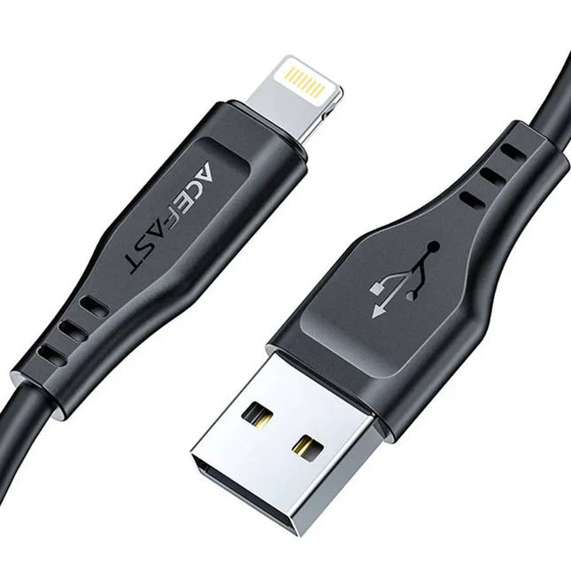 كابل شحن ومزامنة أيس فاست (Acefast C3-02) معتمد من أبل (MFi) من USB-A إلى Lightning، بقدرة 2.4 أمبير، سلك TPE مرن ومتين بطول 1.2 متر - متوفر باللونين الأبيض والأسود