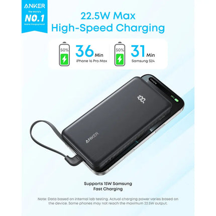 باور بانك Anker Zolo بسعة 10,000mAh مع شحن سريع 22.5W وكابل USB-C مدمج