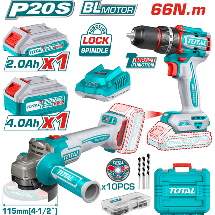 Total TCKLI20273  20V Cordless Combo Kit – Drill + Angle Grinder
