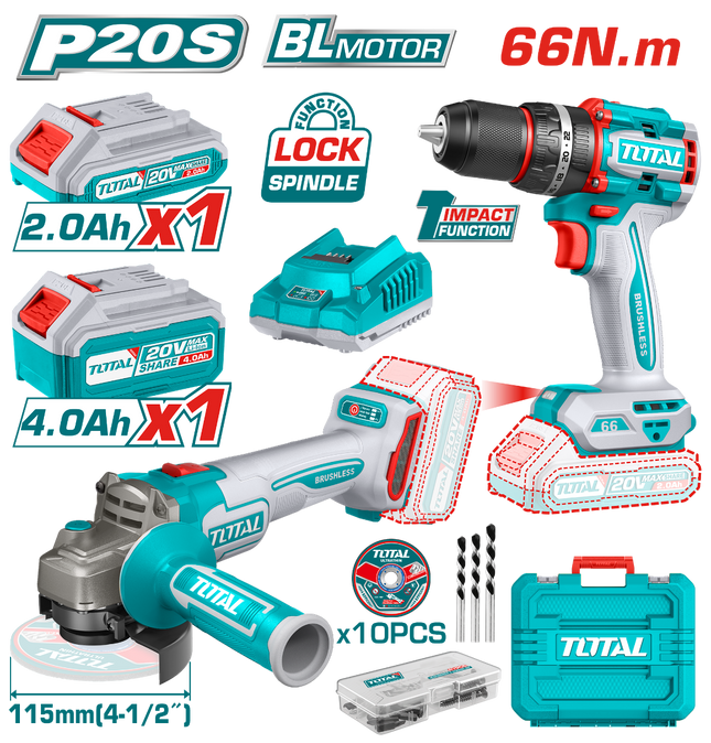 Total TCKLI20273  20V Cordless Combo Kit – Drill + Angle Grinder