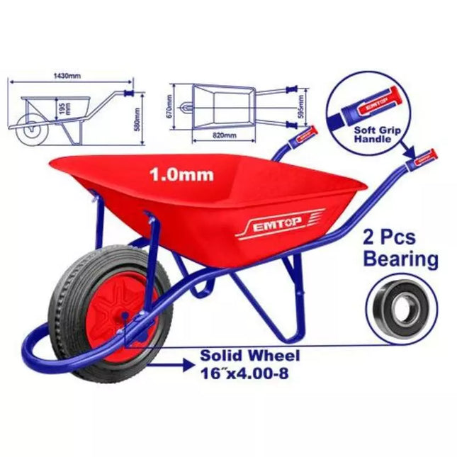 EMTOP EWWB4010D  Heavy-Duty Concrete Wheelbarrow – 65L