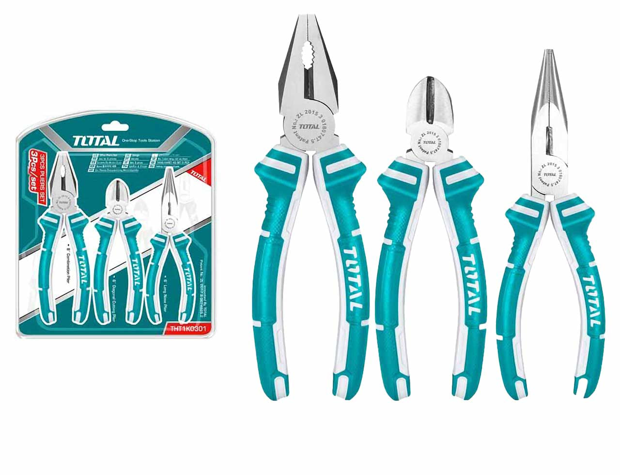 Total THT1K0301 | 3-Piece Pliers Set – Combination, Long Nose, Diagonal Cutting Total THT1K0301 | 3-Piece Pliers Set – Combination, Long Nose, Diagonal Cutting