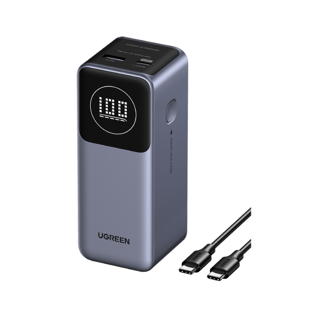 UGREEN Nexode Power Bank 12,000mAh 100W Fast Charging - Smart Digital Display - Dual Port Output (1x USB-C, 1x USB-A) - Ultra-Compact High-Power Portable Charger - Grey