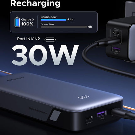 UGREEN Nexode Power Bank 20,000mAh 30W PD Fast Charging - Smart Digital Display - 3-Port Output (2x USB-C, 1x USB-A) - Compact Portable Charger - Grey