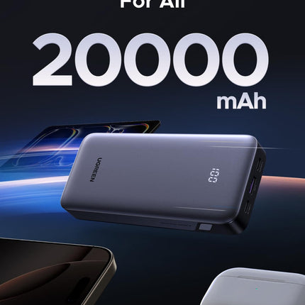 UGREEN Nexode Power Bank 20,000mAh 30W PD Fast Charging - Smart Digital Display - 3-Port Output (2x USB-C, 1x USB-A) - Compact Portable Charger - Grey