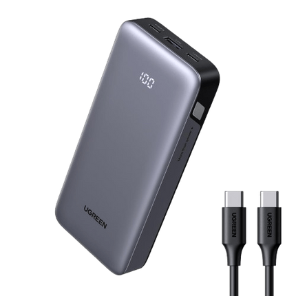 UGREEN Nexode Power Bank 20,000mAh 30W PD Fast Charging - Smart Digital Display - 3-Port Output (2x USB-C, 1x USB-A) - Compact Portable Charger - Grey