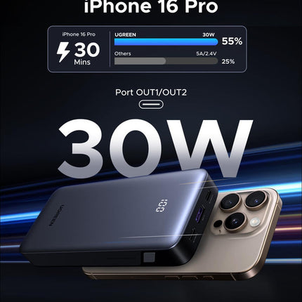 UGREEN Nexode Power Bank 20,000mAh 30W PD Fast Charging - Smart Digital Display - 3-Port Output (2x USB-C, 1x USB-A) - Compact Portable Charger - Grey