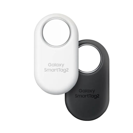 Two Galaxy SmartTag2 devices, one white and one black, on a light gray background.