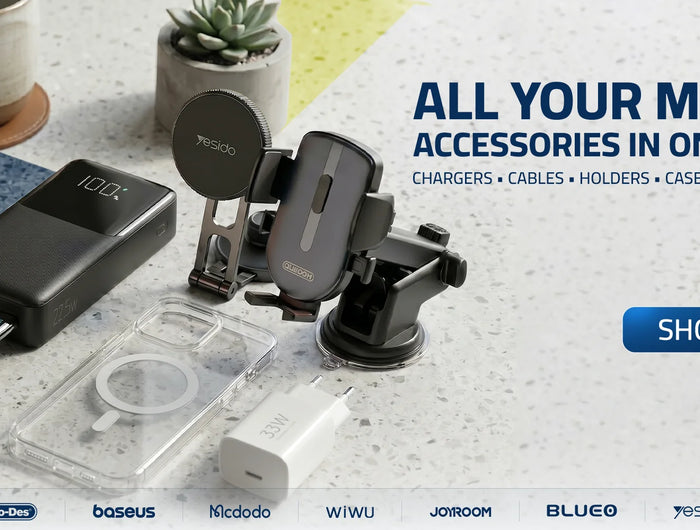 Collection of mobile accessories including a phone holder, power bank, and charger on a table with a 'Shop Now' button.